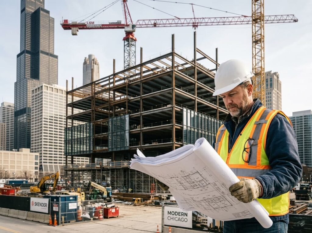 Commercial construction contractor reviewing blueprints at a Chicago building project.